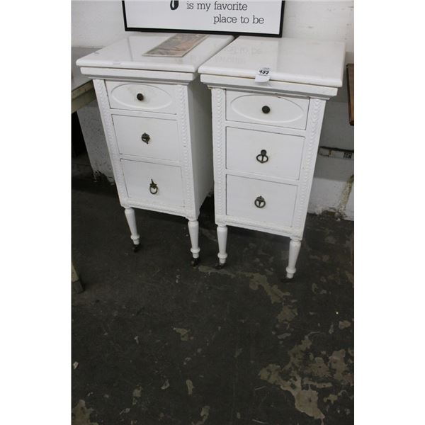 White Painted Rolling 3 Drawer Cabinets - Pair