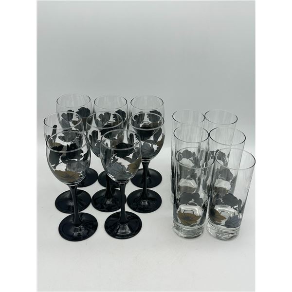 Black-Stem Floral Wine Glasses & Highball Tumblers