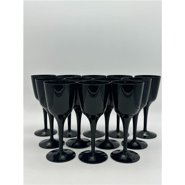 Twelve Royal Krona (Sweden) Black Glass Wine Goblets