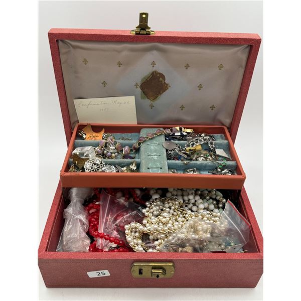 Vintage Pink Jewellery Casket with Collection of Costume Jewellery