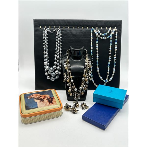 Collection of Vintage Costume Jewellery — Pearl, Black Bead & Crystal Necklaces with Litho 