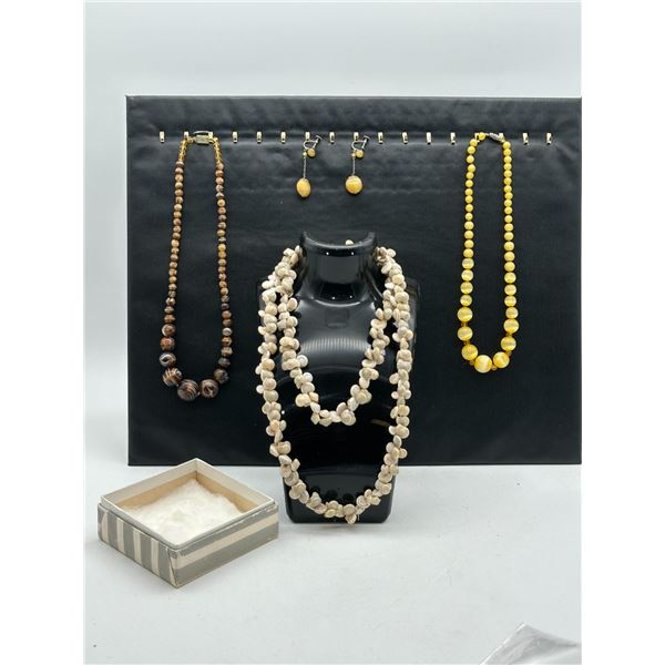 Vintage Banded Agate, Yellow Glass & Shell Necklaces with Earrings