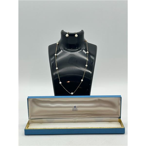 14K Gold Filled Pearl Station Necklace & Stud Earrings in Birks Box
