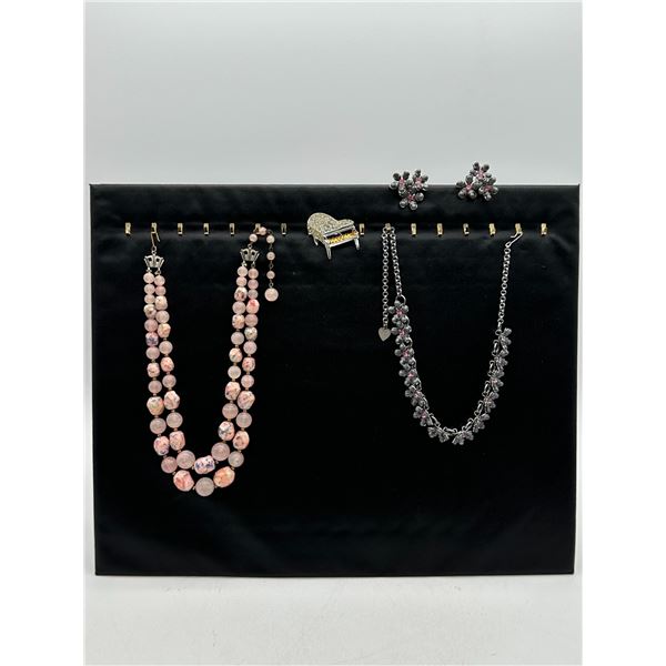 Pink Art Glass Necklace, Crystal Piano Brooch & Grey Floral Necklace Set