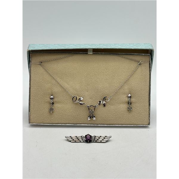 Sterling Silver Amethyst Necklace & Earring Suite with Winged Brooch