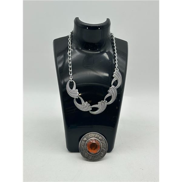 Vintage Marcasite-Style Link Necklace & Scottish Thistle Citrine Brooch