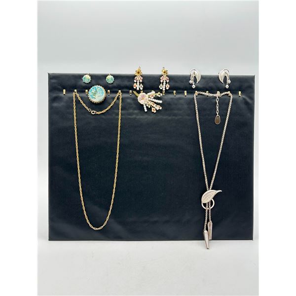 Collection of Vintage Earrings, Floral Brooches & Two Gold/Silver Tone Chains