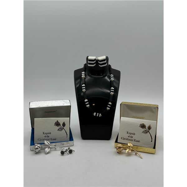 Black & White Striped Lucite Necklace & Earrings with Two Peoples 'Legend of the Christmas Rose' Bro