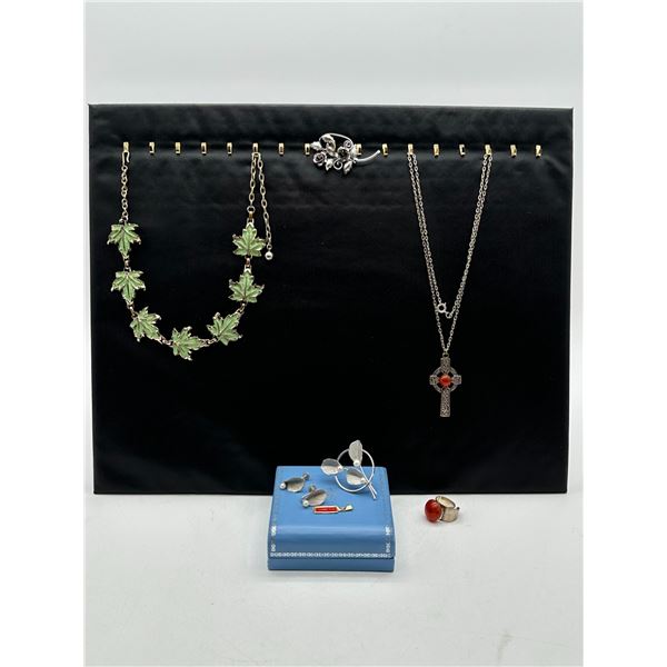 Green Enamel Maple Leaf Necklace, Celtic Cross Pendant, Sterling Brooches & Carnelian Ring
