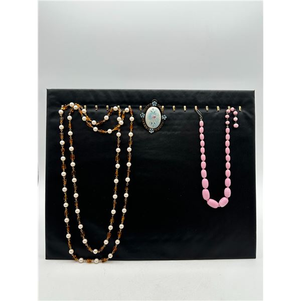 Vintage Pearl & Amber Glass Long Chain, Hand-Painted Cameo Pendant & Pink Glass Bead Set