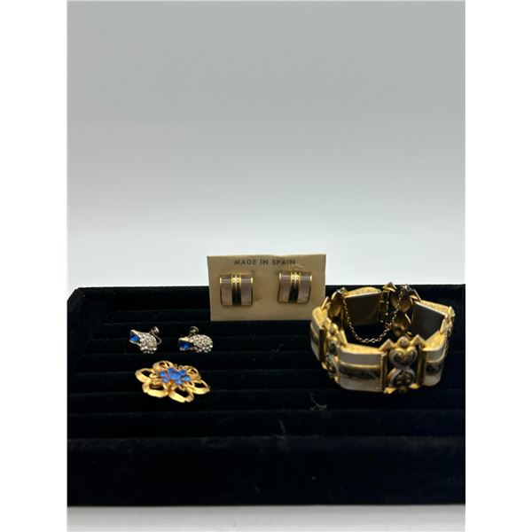 Vintage Mother-of-Pearl Earrings (Made in Spain), Blue Rhinestone Earrings, Floral Brooch & Damascen