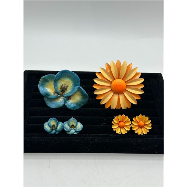 Vintage Hand-Painted Porcelain Pansy Brooch & Earring Set with Enamel Daisy Brooch & Earrings
