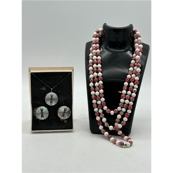 Sterling Silver & Iridescent Glass Hourglass Pendant Necklace & Earring Set with Red & White Triple-