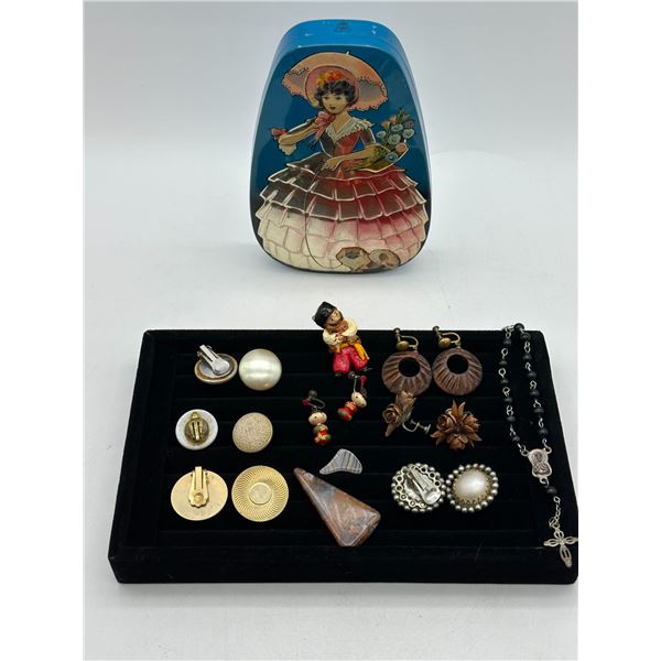 Vintage Tin, Carved Wood & Costume Earrings with Spanish Figurine, Cameo Rosary & Loose Stones