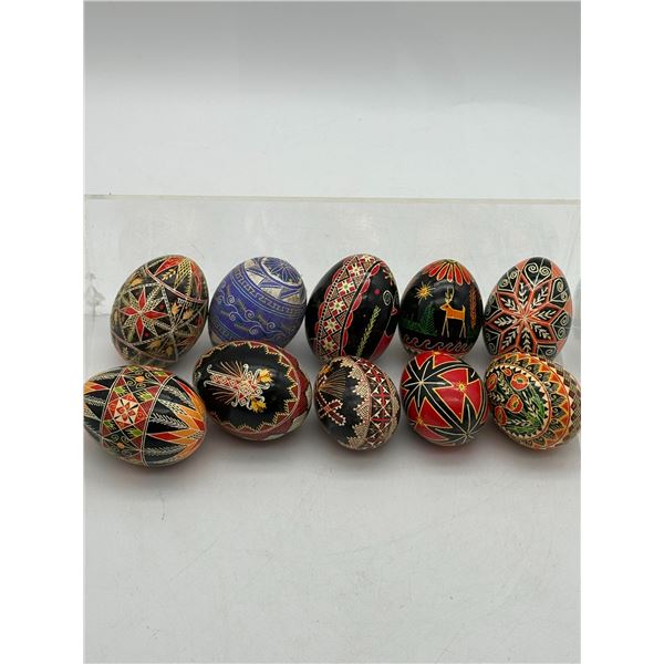 Collection of 10 Hand-Decorated Ukrainian Pysanky Easter Eggs with Traditional Geometric & Folk Moti