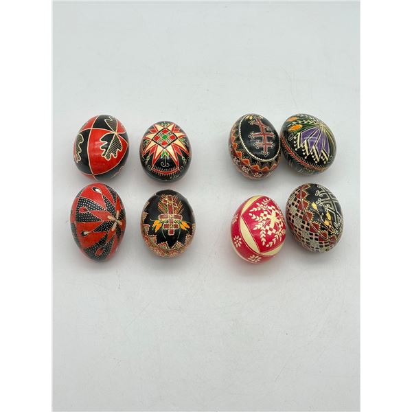 Collection of 8 Hand-Decorated Ukrainian Pysanky Easter Eggs with Cross, Floral & Star Motifs