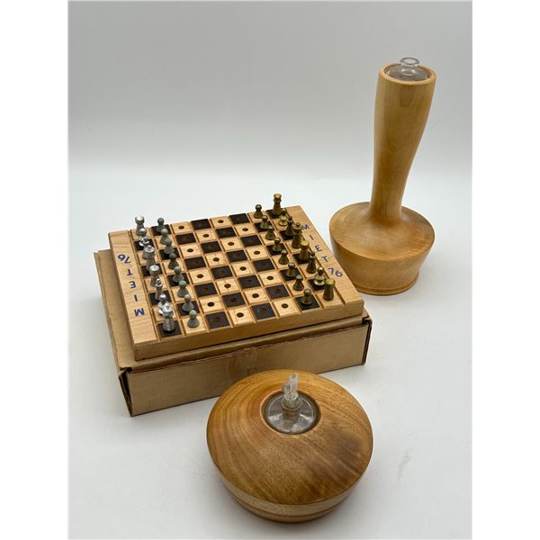 Hand-Carved Wooden Travel Chess Set 'MIET 76' with Turned Wood Bud Vase, Lidded Vessel & Glass Oil L