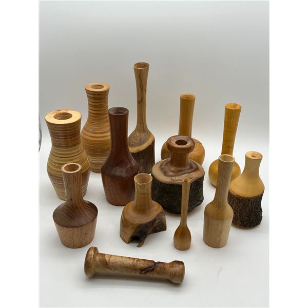 Collection of 14 Hand-Turned Wooden Bud Vases in Assorted Woods & Forms — Handmade by Uncle