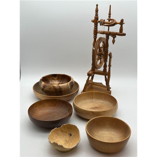 Collection of 5 Hand-Turned Wooden Bowls & a Decorative Spinning Wheel — Handmade by Uncle 