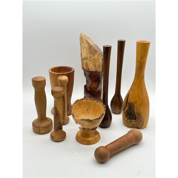 Collection of Hand-Turned Wooden Vases, Bud Vases, Goblets & Carved Bust