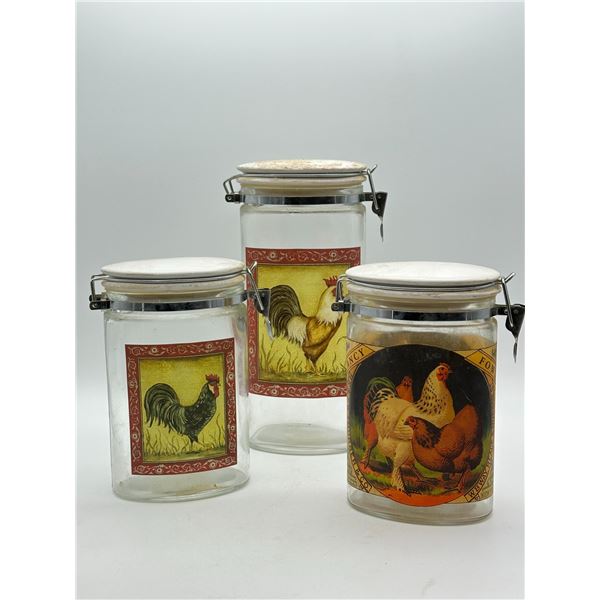 Three Vintage Glass Canisters with Rooster & Hen Decorative Labels
