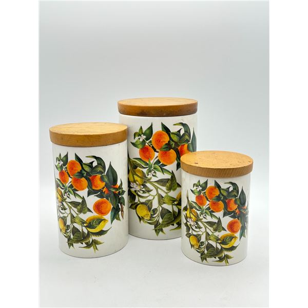 Set of Three Ceramic Canisters with Citrus Fruit Motif & Wooden Lids