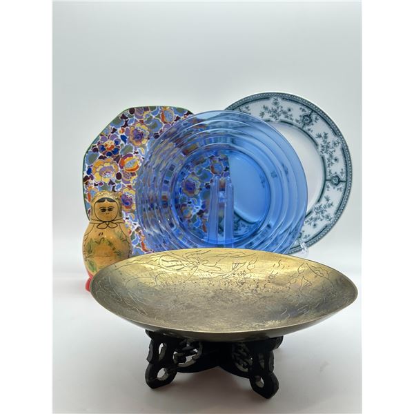 Mixed Decorative Lot: Floral Chintz Plate, Blue Depression Glass, Brass Bowl, Royal Doulton Plate & 
