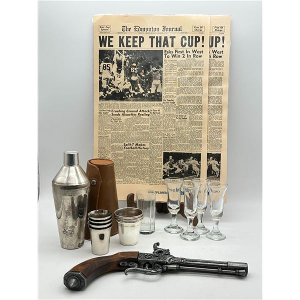 1955 Edmonton Journal Grey Cup Commemorative Newspaper, Vintage Barware & Decorative Flintlock Pisto
