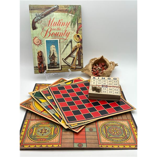 Vintage 'Mutiny on the Bounty' Random House Book with Antique Game Boards, Bingo Cards, Wooden Token