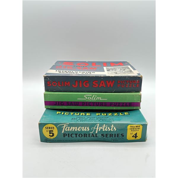 Three Vintage Jigsaw Puzzles — Solim Series Interlocking Scroll Cut & Famous Artists Pictor