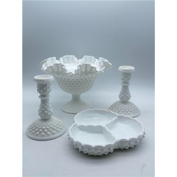 Fenton-Style Hobnail Milk Glass Candlesticks, Compote & Relish Tray