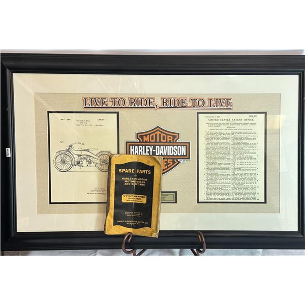 Framed Harley-Davidson 1924 Patent Display & Original 1924 Spare Parts Manual