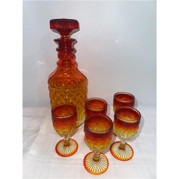 Vintage Amberina Glass Decanter & 5 Cordial/Wine Glasses Set