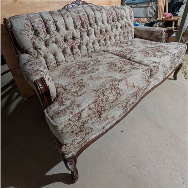 French Provincial Two-Seat Cherry Oak Sofa with Floral Upholstery