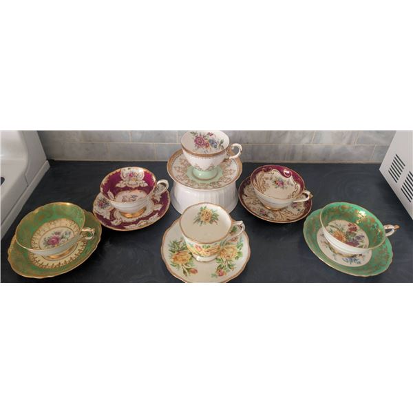 Six Fine Bone China Teacup and Saucer Duos from Royal Tuscan, Paragon, and Royal Albert