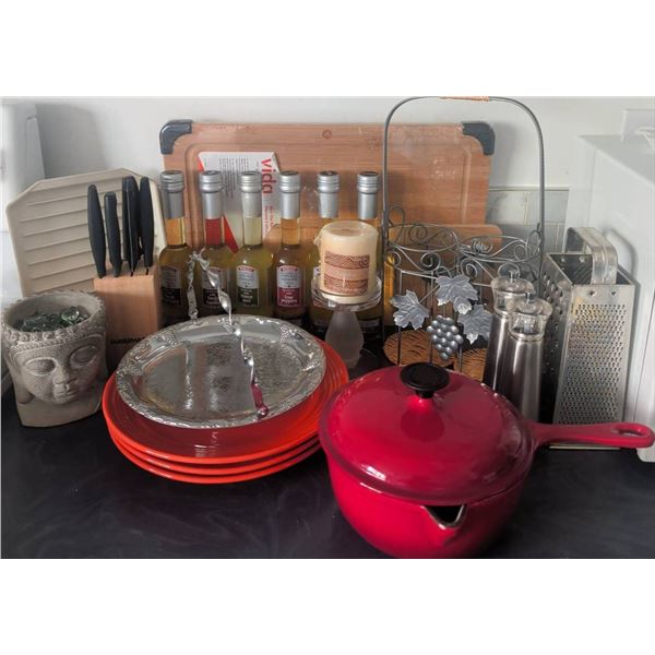 Kitchenware, Including Red Enameled Cast Iron Saucepan and Decorative Items