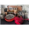 Image 1 : Kitchenware, Including Red Enameled Cast Iron Saucepan and Decorative Items