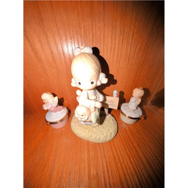 1988 Enesco Precious Moments Figurine and Two Miniature Angel Trinket Boxes