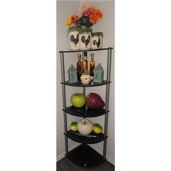 Corner Shelf Unit with Decorative Items, Including Rooster Canisters and Faux Fruits