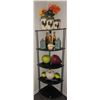 Image 1 : Corner Shelf Unit with Decorative Items, Including Rooster Canisters and Faux Fruits