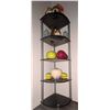 Image 9 : Corner Shelf Unit with Decorative Items, Including Rooster Canisters and Faux Fruits
