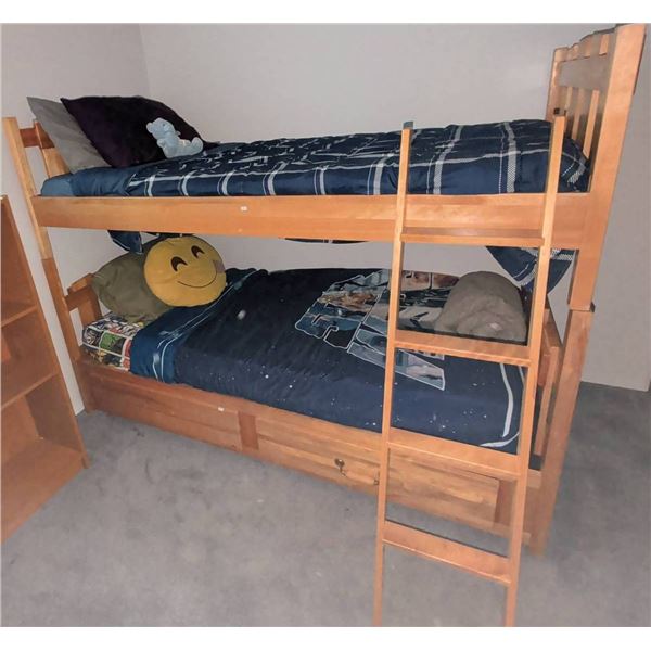 Wooden Twin Bunk Bed Frame with Storage Drawers and Matching Bookshelf