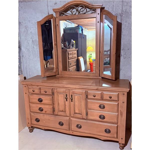 Wooden Dresser with Triple-Panel Mirror and Brass Hardware