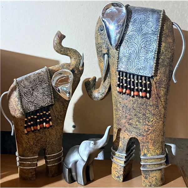 Three Elephant Sculptures with Metal and Bead Accents