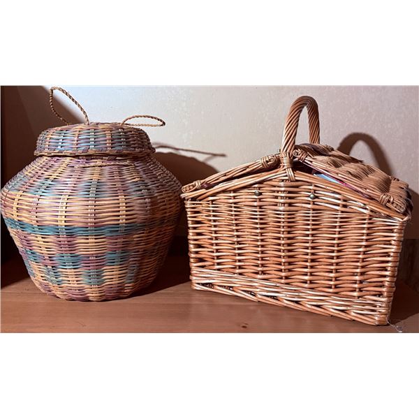 Woven Basket Set Featuring Lidded Storage Basket and Picnic Basket with Accessories