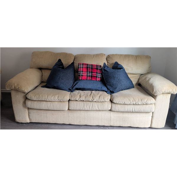 Beige Corduroy Three-Seat Sofa w/ Cushions & Soft Flannel Blanket
