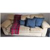 Image 2 : Beige Corduroy Three-Seat Sofa w/ Cushions & Soft Flannel Blanket