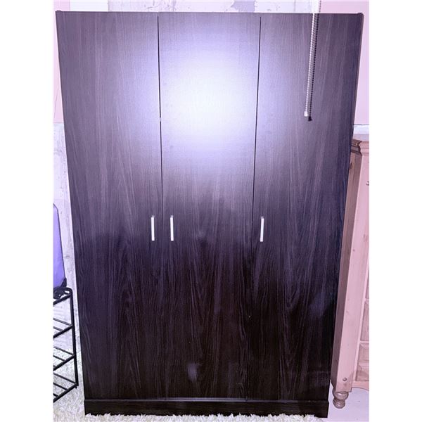 Three-Door Dark Wood Laminate Wardrobe with Shelving and Hanging Space