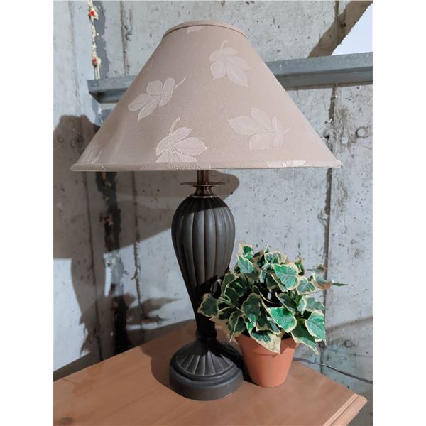 Bronze-Tone Metal Lamp with Fabric Shade and Potted Artificial Plant