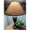 Image 2 : Bronze-Tone Metal Lamp with Fabric Shade and Potted Artificial Plant